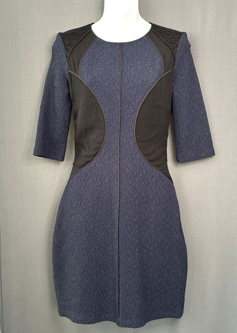 Nina Ricci Textured Sheath Dress Sz 4 Black Silk Lace Inset Navy Blue Minimalist